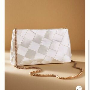 Melie Bianco White Satin Clutch with Gold Chain